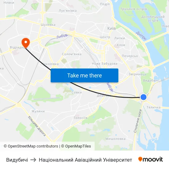 Видубичі to Національний Авіаційний Університет map