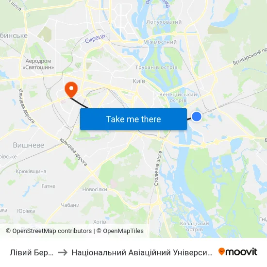 Лівий Берег to Національний Авіаційний Університет map