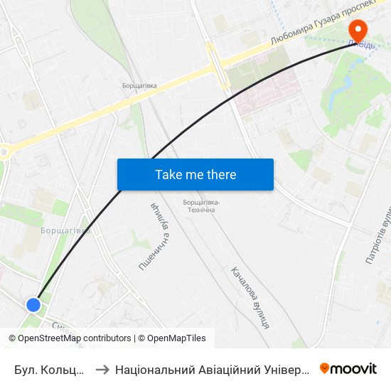 Бул. Кольцова to Національний Авіаційний Університет map