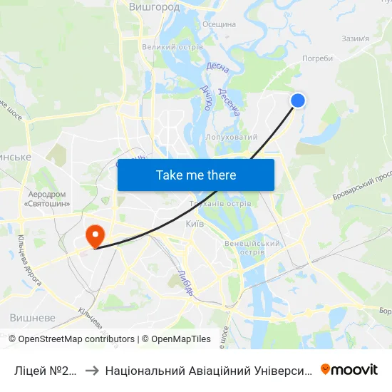 Ліцей №293 to Національний Авіаційний Університет map