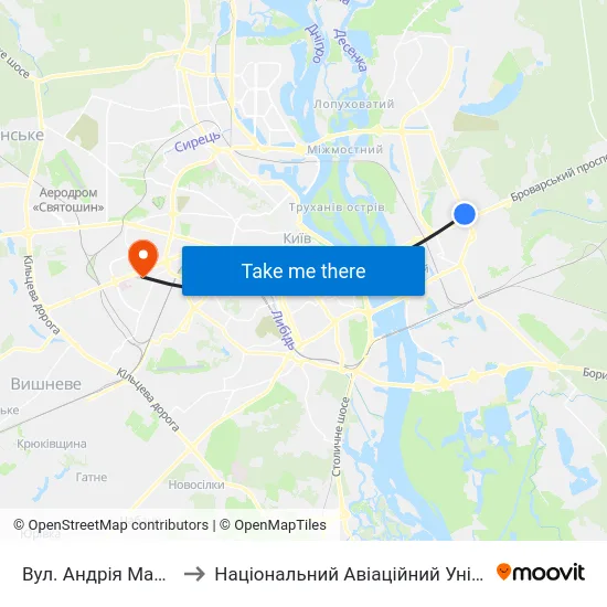 Вул. Андрія Малишка to Національний Авіаційний Університет map