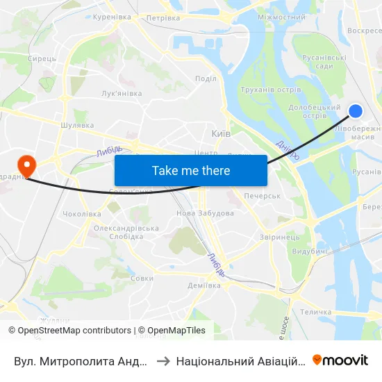 Вул. Митрополита Андрея Шептицького to Національний Авіаційний Університет map
