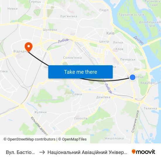 Вул. Бастіонна to Національний Авіаційний Університет map