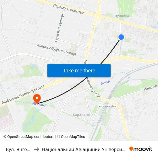 Вул. Янгеля to Національний Авіаційний Університет map