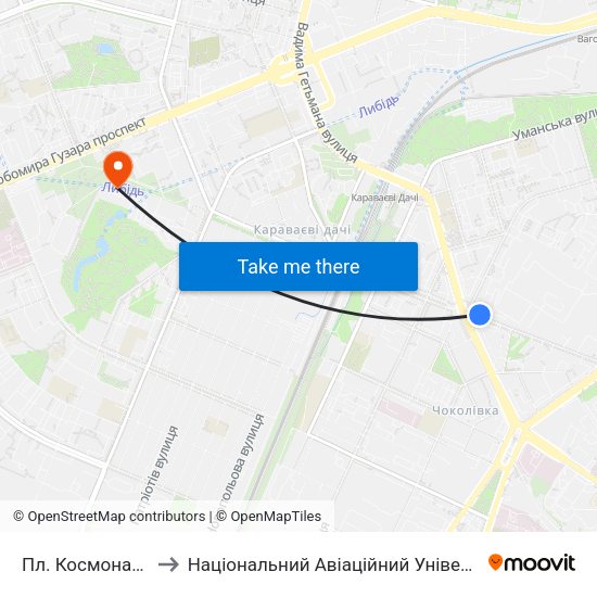Пл. Космонавтів to Національний Авіаційний Університет map