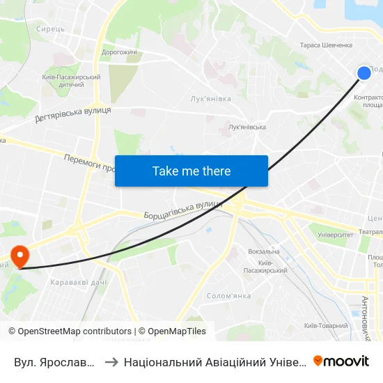 Вул. Ярославська to Національний Авіаційний Університет map
