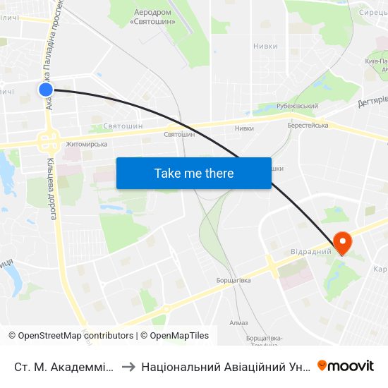 Ст. М. Академмістечко to Національний Авіаційний Університет map