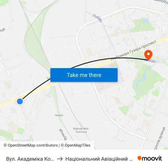 Вул. Академіка Корольова to Національний Авіаційний Університет map