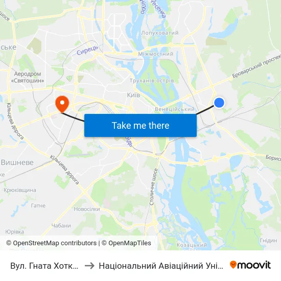 Вул. Гната Хоткевича to Національний Авіаційний Університет map