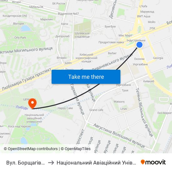 Вул. Борщагівська to Національний Авіаційний Університет map