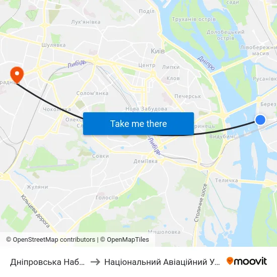 Дніпровська Набережна to Національний Авіаційний Університет map