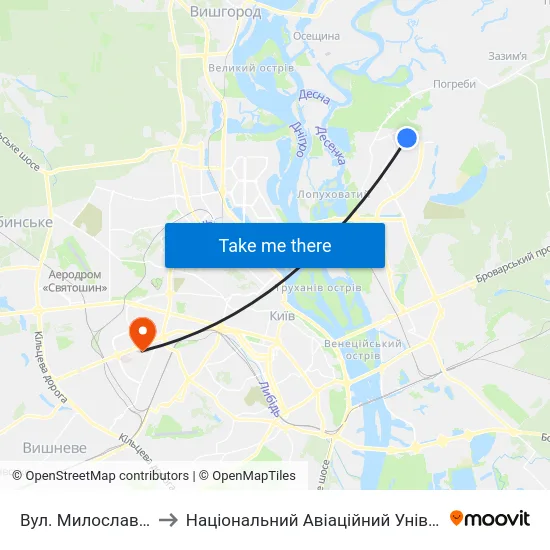 Вул. Милославська to Національний Авіаційний Університет map