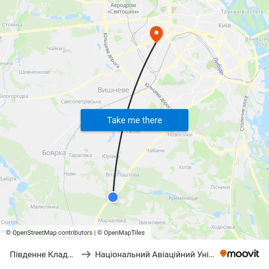 Південне Кладовище to Національний Авіаційний Університет map