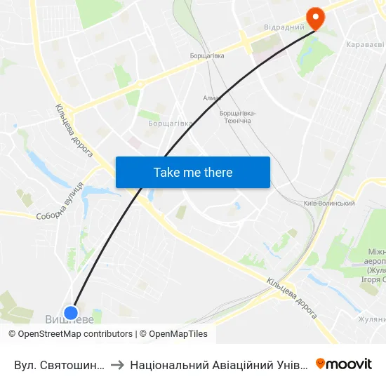 Вул. Святошинська to Національний Авіаційний Університет map