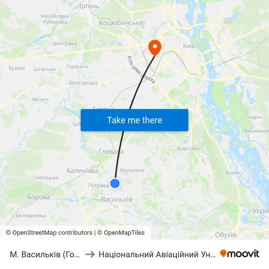 М. Васильків (Городок) to Національний Авіаційний Університет map
