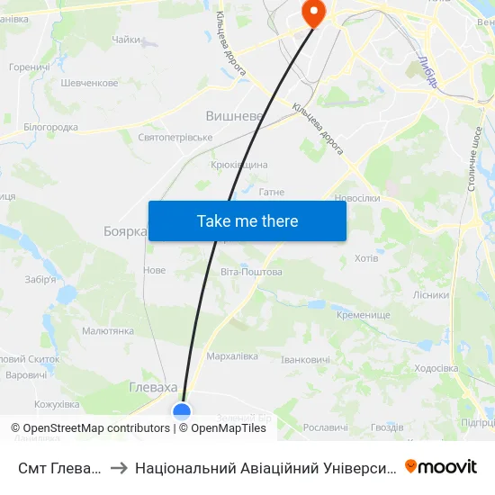 Смт Глеваха to Національний Авіаційний Університет map
