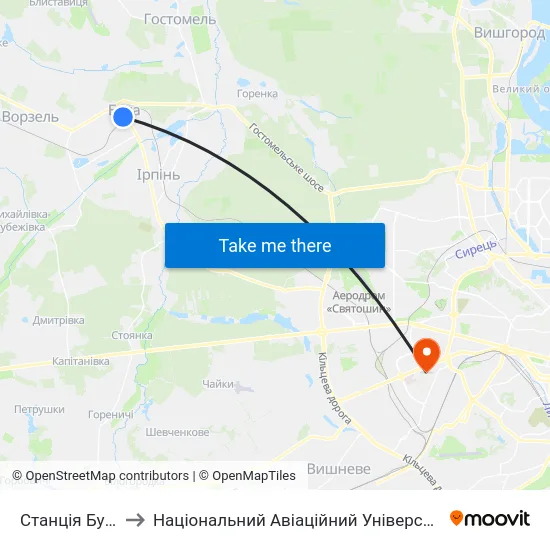 Станція Буча to Національний Авіаційний Університет map