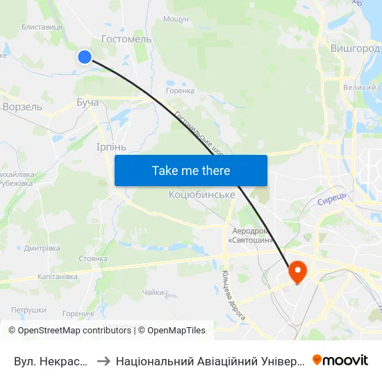 Вул. Некрасова to Національний Авіаційний Університет map
