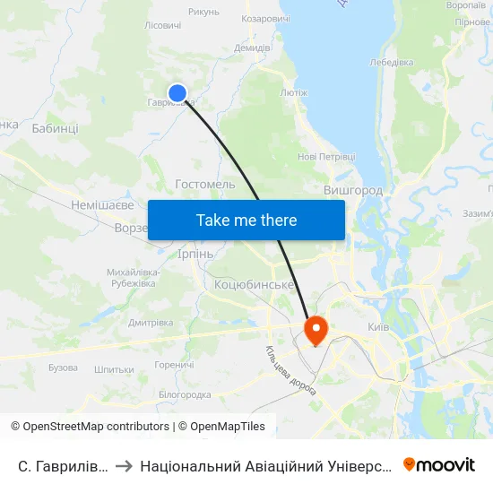 С. Гаврилівка to Національний Авіаційний Університет map