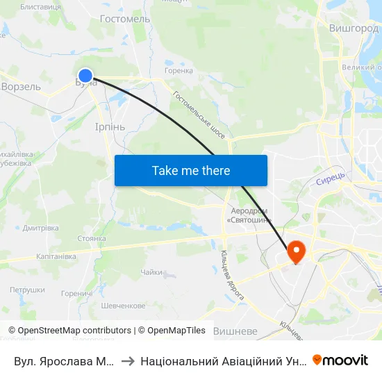 Вул. Ярослава Мудрого to Національний Авіаційний Університет map