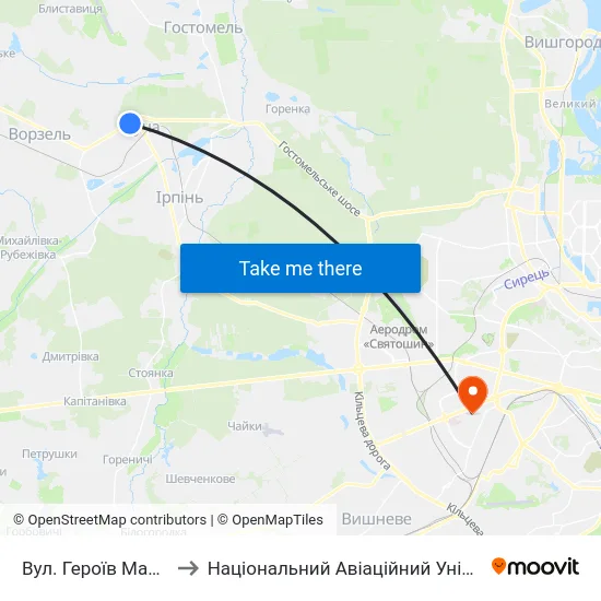 Вул. Героїв Майдану to Національний Авіаційний Університет map