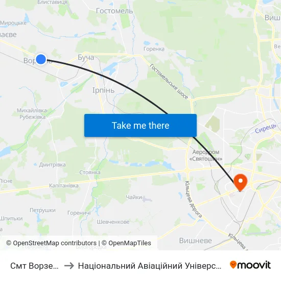 Смт Ворзель to Національний Авіаційний Університет map