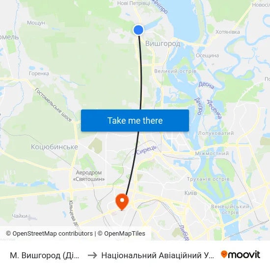 М. Вишгород (Дідовиця) to Національний Авіаційний Університет map