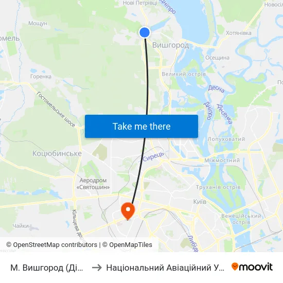 М. Вишгород (Дідовиця) to Національний Авіаційний Університет map