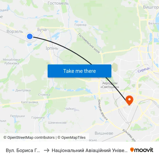 Вул. Бориса Гмирі to Національний Авіаційний Університет map