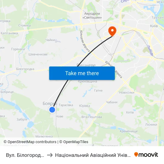 Вул. Білогородська to Національний Авіаційний Університет map