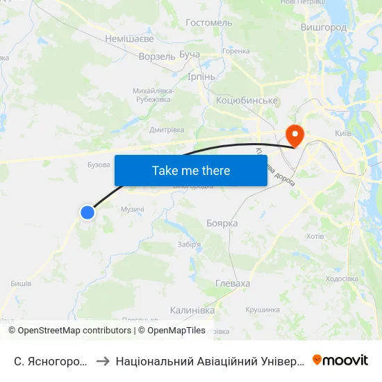 С. Ясногородка to Національний Авіаційний Університет map