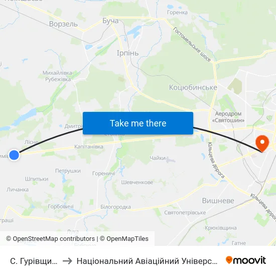 С. Гурівщина to Національний Авіаційний Університет map