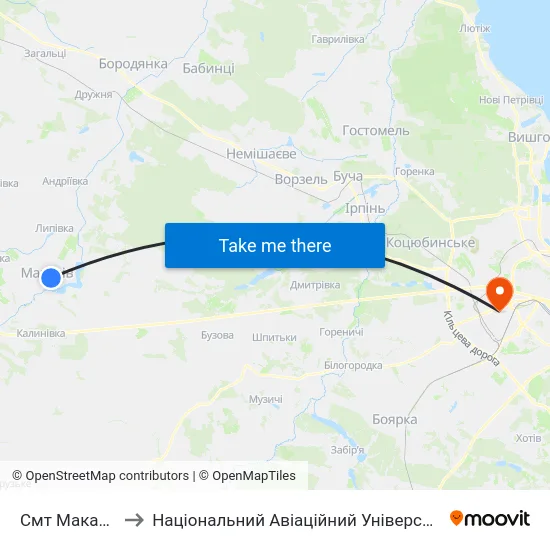 Смт Макарів to Національний Авіаційний Університет map