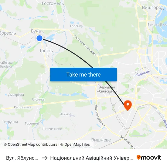 Вул. Яблунська to Національний Авіаційний Університет map