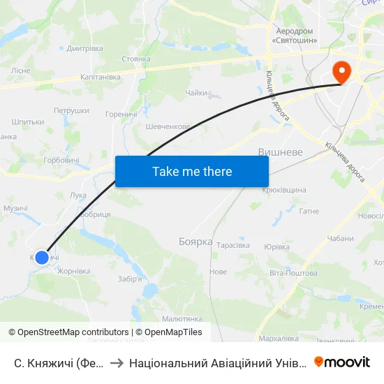 С. Княжичі (Ферма) to Національний Авіаційний Університет map