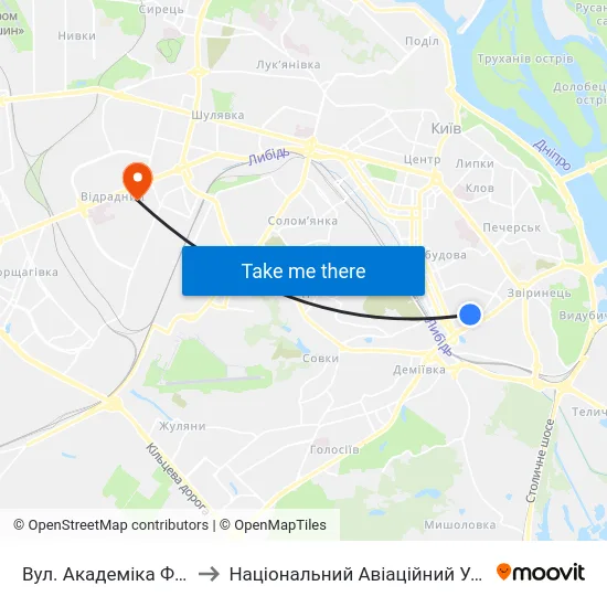 Вул. Академіка Філатова to Національний Авіаційний Університет map