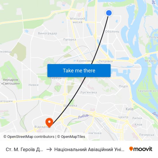 Ст. М. Героїв Дніпра to Національний Авіаційний Університет map