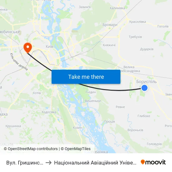 Вул. Гришинська to Національний Авіаційний Університет map