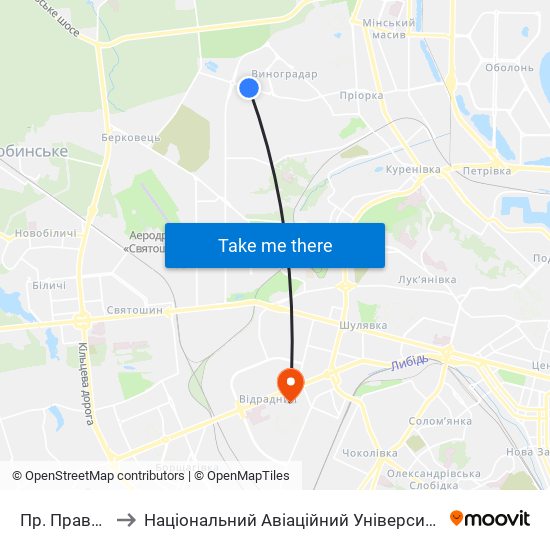 Пр. Правди to Національний Авіаційний Університет map