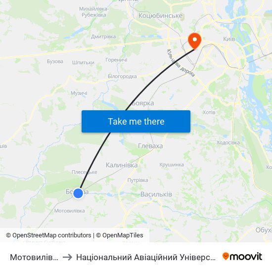 Мотовилівка to Національний Авіаційний Університет map