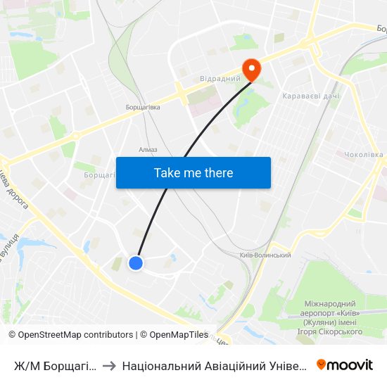 Ж/М Борщагівка to Національний Авіаційний Університет map