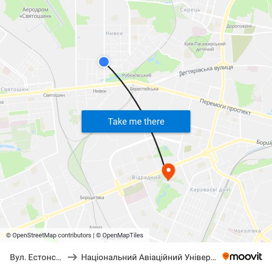 Вул. Естонська to Національний Авіаційний Університет map