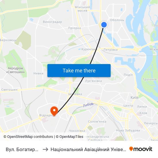 Вул. Богатирська to Національний Авіаційний Університет map