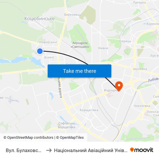 Вул. Булаховського to Національний Авіаційний Університет map