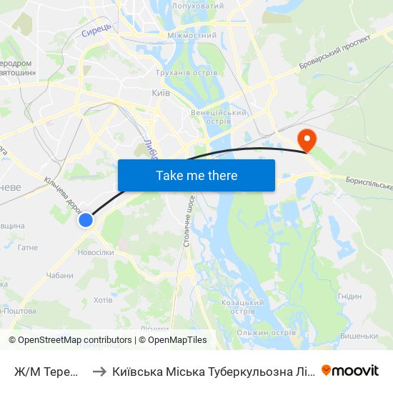 Ж/М Теремки-1 to Київська Міська Туберкульозна Лікарня №1 map