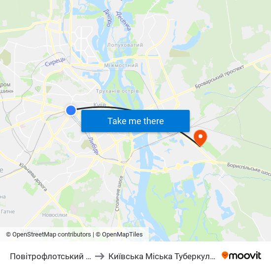 Повітрофлотський Шляхопровід to Київська Міська Туберкульозна Лікарня №1 map