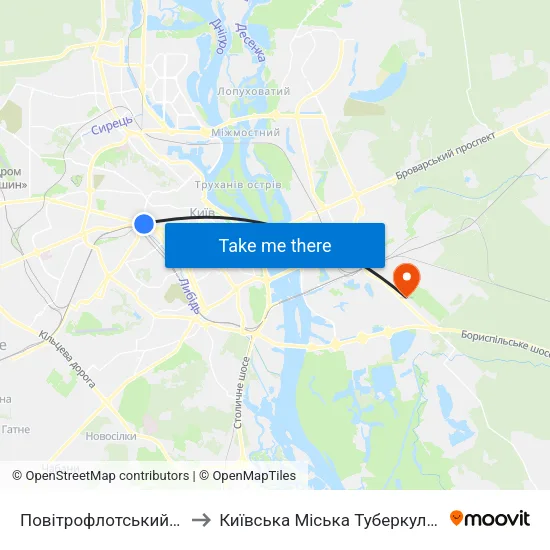 Повітрофлотський Шляхопровід to Київська Міська Туберкульозна Лікарня №1 map