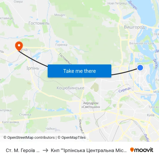Ст. М. Героїв Дніпра to Кнп ""Ірпінська Центральна Міська Лікарня"" map