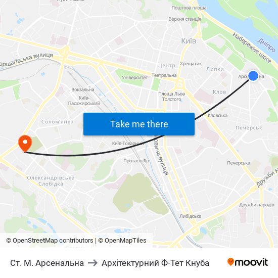 Ст. М. Арсенальна to Архітектурний Ф-Тет Кнуба map