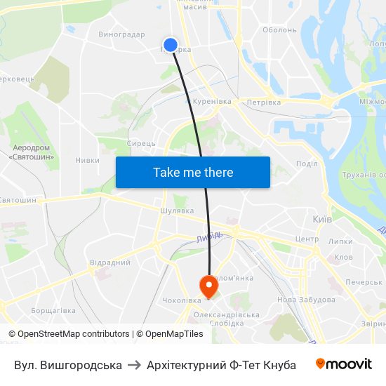 Вул. Вишгородська to Архітектурний Ф-Тет Кнуба map